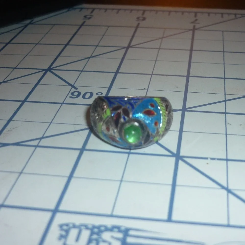 Vintage Chinese Export Cloisonne Enamel Silver Ring Green Cabochon Size 6.25